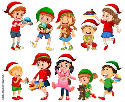 Different children wearing costume in Christmas theme and playing with thier ...