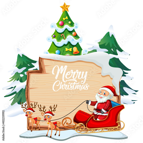 Merry Christmas font logo on wooden board with Christmas cartoon character on...