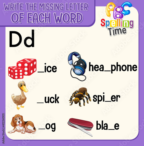 Fill the missing letter of each word worksheet for children