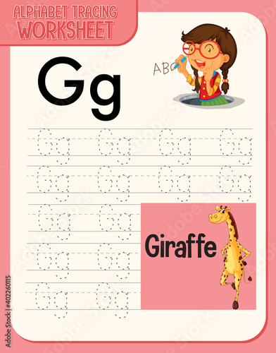 Alphabet tracing worksheet with letter and vocabulary