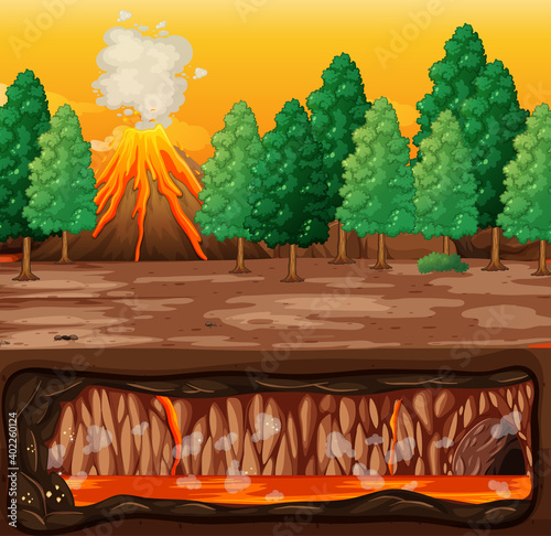 Volcano eruption with magma in underground