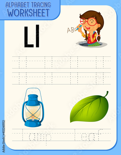 Alphabet tracing worksheet with letter and vocabulary