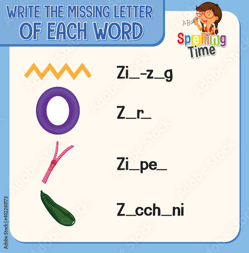 Write the missing letter of each word worksheet for children