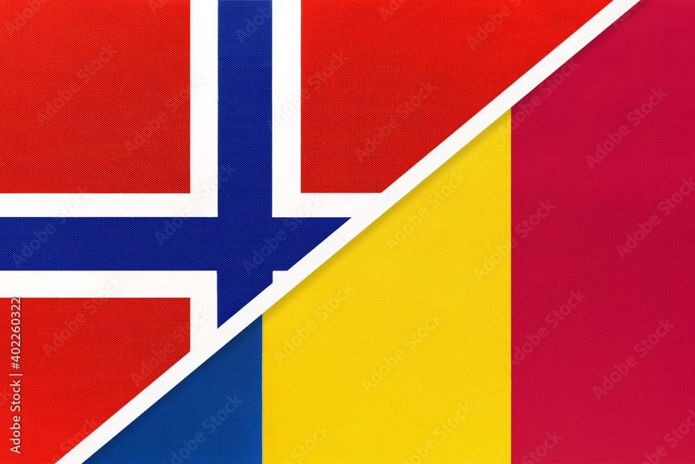 Fototapeta premium Norway and Romania, symbol of national flags from textile.