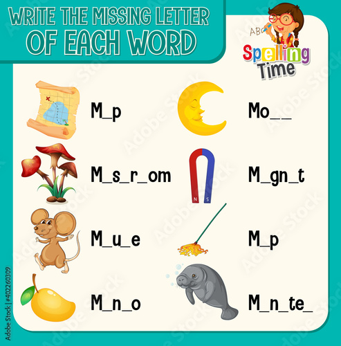 Write the missing letter of each word worksheet for children