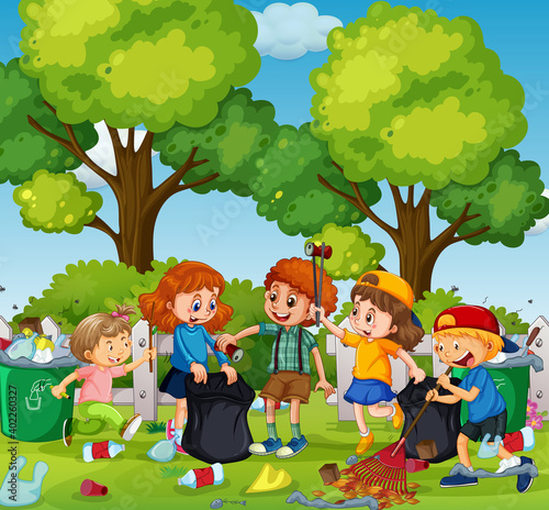 A group of volunteer kids cleaning the park