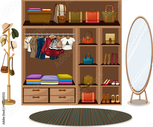 Clothes hanging on a clothesline with accessories in wardrobe