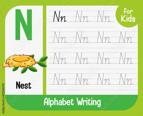 Alphabet tracing worksheet with letter and vocabulary