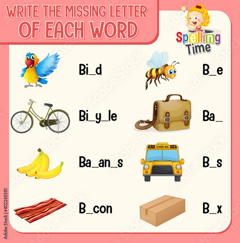 Fill the missing letter of each word worksheet for children
