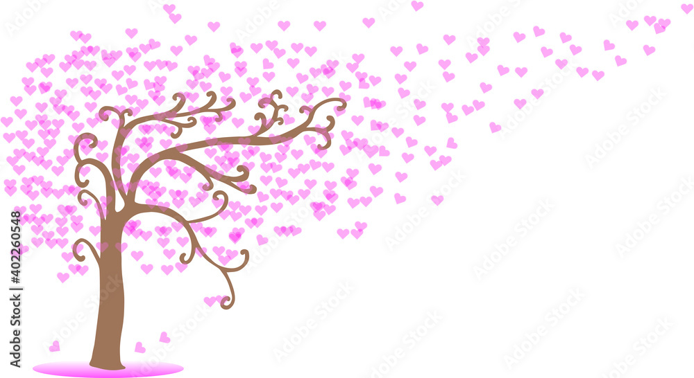 Vector Illustration abstract background. Tree of love. Pink sweet heart. Swaying tree. On isolated white background. Valentine's day concept. Vector Illustration abstract background. Tree of love. Pink sweet heart. Swaying tree. On isolated white background. Valentine's day concept.