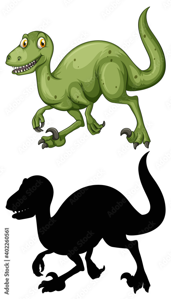 Set of dinosaur cartoon character and its silhouette on white background