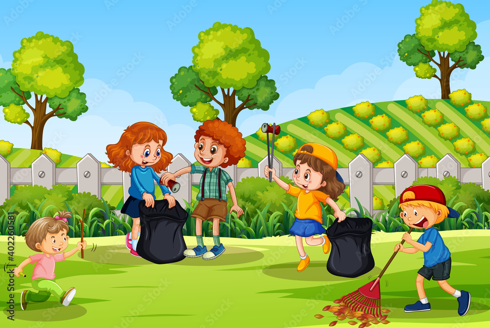 Scene with many children cleaning in the park Scene with many children cleaning in the park