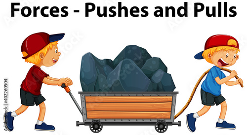 Showing pushes and pulls force example with kids character