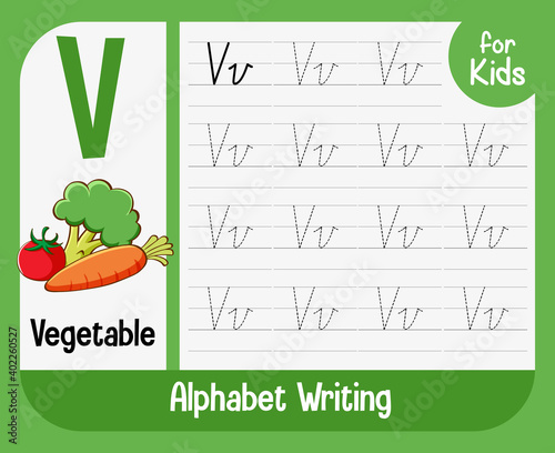 Alphabet tracing worksheet with letter and vocabulary