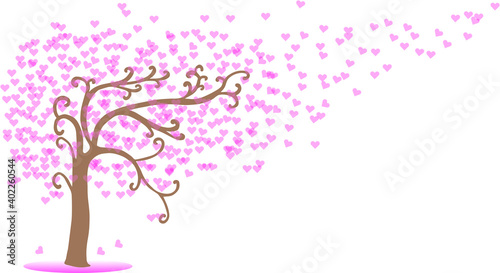 Illustration abstract background. Tree of love. Pink sweet heart. Swaying tree. On isolated white background. Valentine s day concept.