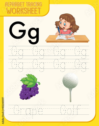 Alphabet tracing worksheet with letter and vocabulary