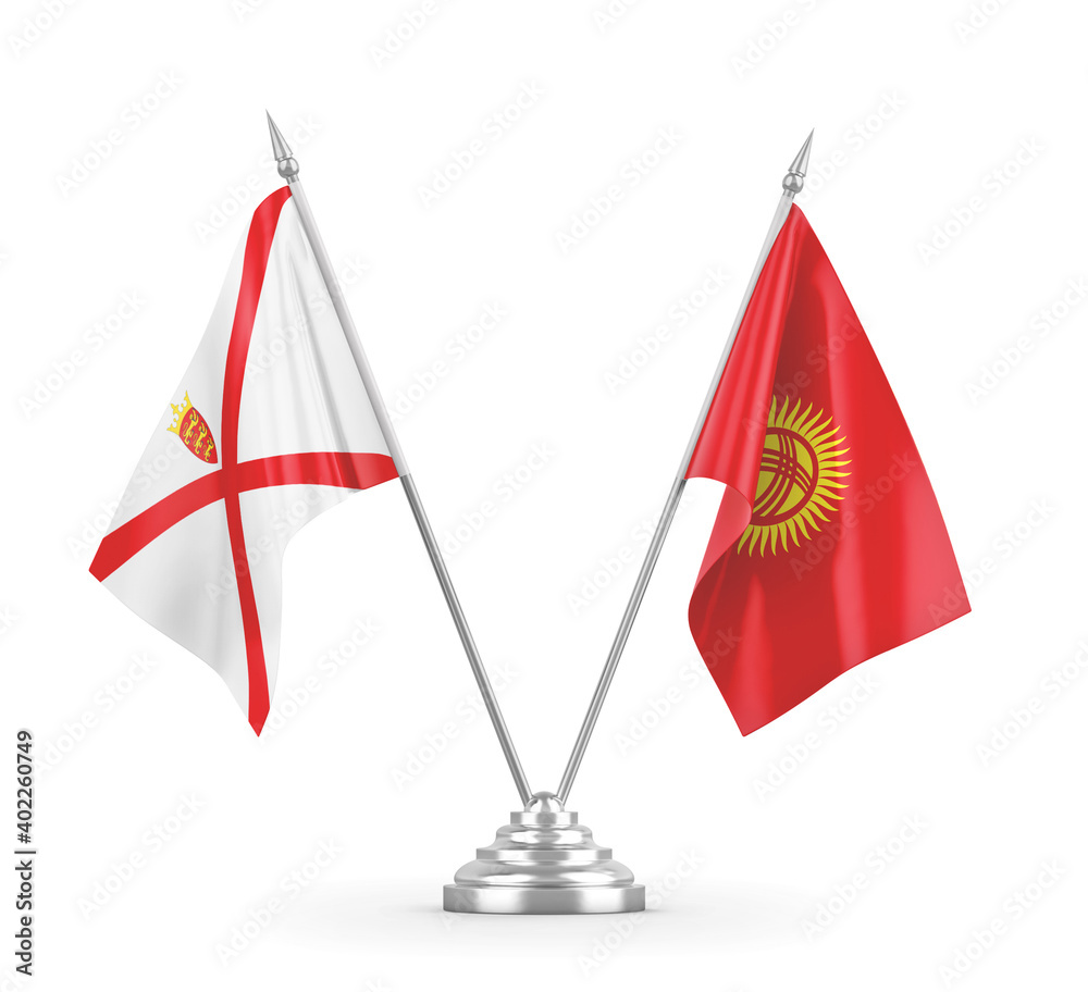 Kyrgyzstan and Jersey table flags isolated on white 3D rendering Kyrgyzstan and Jersey table flags isolated on white 3D rendering