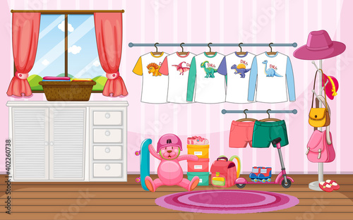 Children clothes on a clothesline with many toys in the room scene
