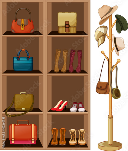 Bags and shoes on shelves with hat hanger on white background