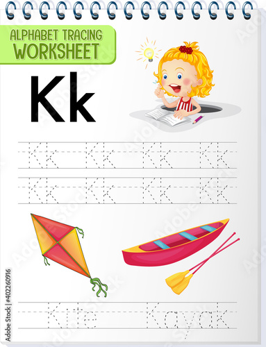 Alphabet tracing worksheet with letter and vocabulary