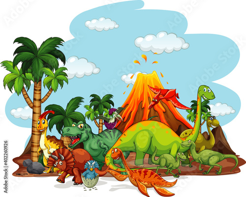 Fototapeta Naklejka Na Ścianę i Meble -  Dinosaurs cartoon character in nature scene