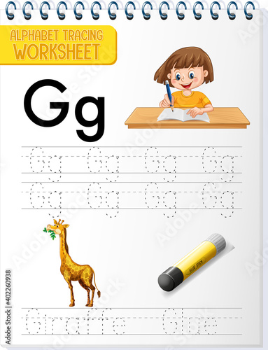 Alphabet tracing worksheet with letter and vocabulary