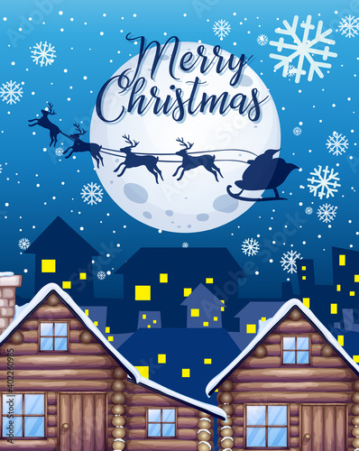Merry Christmas font with Santa Claus and reindeer silhouette in the sky