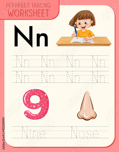 Alphabet tracing worksheet with letter and vocabulary