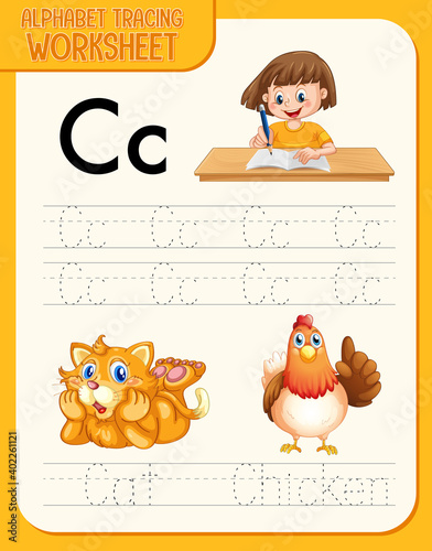 Alphabet tracing worksheet with letter and vocabulary