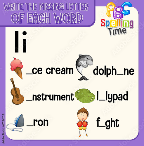 Fill the missing letter of each word worksheet for children