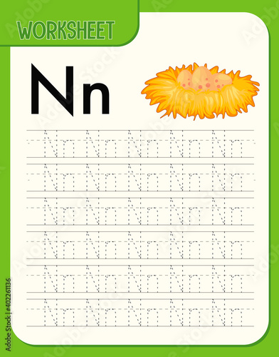 Alphabet tracing worksheet with letter N and n