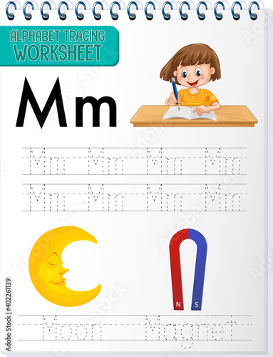 Alphabet tracing worksheet with letter and vocabulary