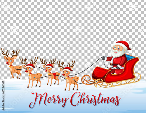 Santa Claus on sleigh with Reindeer and Merry Christmas font on transparent background