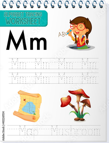 Alphabet tracing worksheet with letter and vocabulary