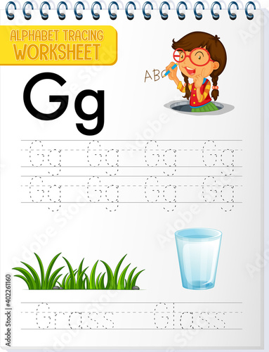 Alphabet tracing worksheet with letter and vocabulary
