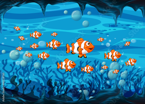 Many exotic fishes cartoon character in the underwater background