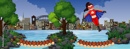Wooden bridge crossing river with wonder woman