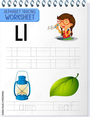 Alphabet tracing worksheet with letter and vocabulary