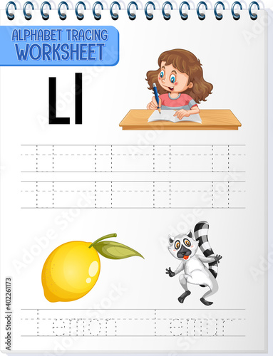 Alphabet tracing worksheet with letter and vocabulary