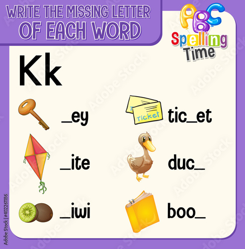 Fill the missing letter of each word worksheet for children