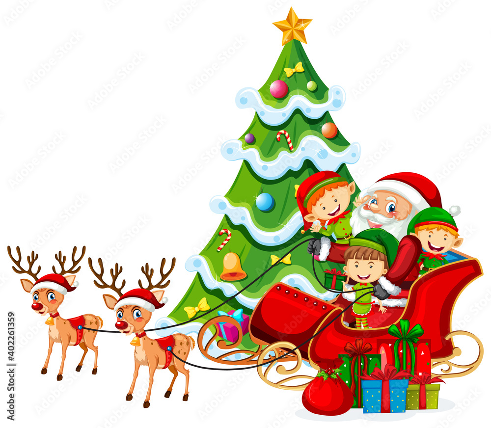 Santa Claus on sleigh with reindeer and many kids wear elf costume on white background Santa Claus on sleigh with reindeer and many kids wear elf costume on white background