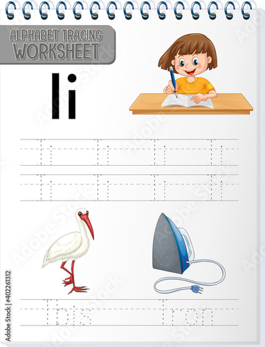 Alphabet tracing worksheet with letter and vocabulary