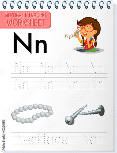 Alphabet tracing worksheet with letter and vocabulary
