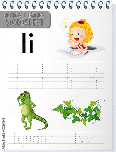 Alphabet tracing worksheet with letter and vocabulary