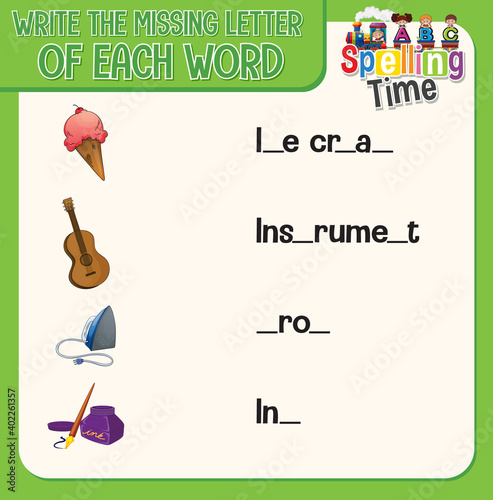 Write the missing letter of each word worksheet for children