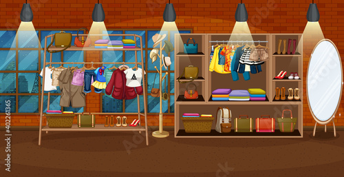 Clothes hanging on a clothes rack with accessories on shelves in the room scene