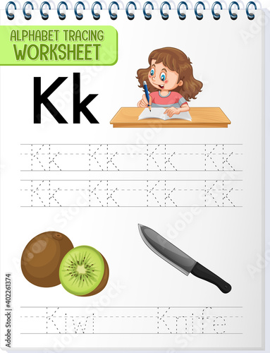 Alphabet tracing worksheet with letter and vocabulary