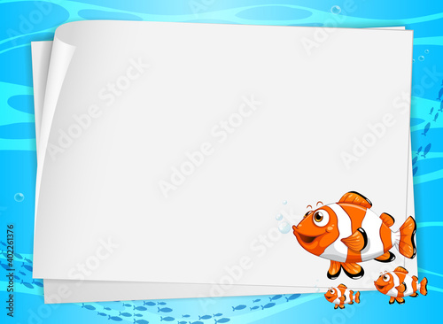 Blank paper banner with cute fish and on the underwater background