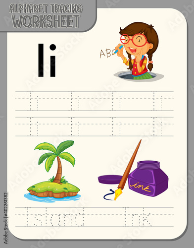 Alphabet tracing worksheet with letter and vocabulary