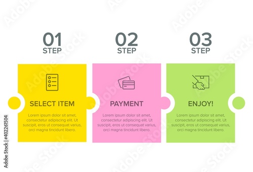 Concept of shopping process with 3 successive steps. Three colorful graphic elements. Timeline design for brochure, presentation, web site. Infographic design layout.